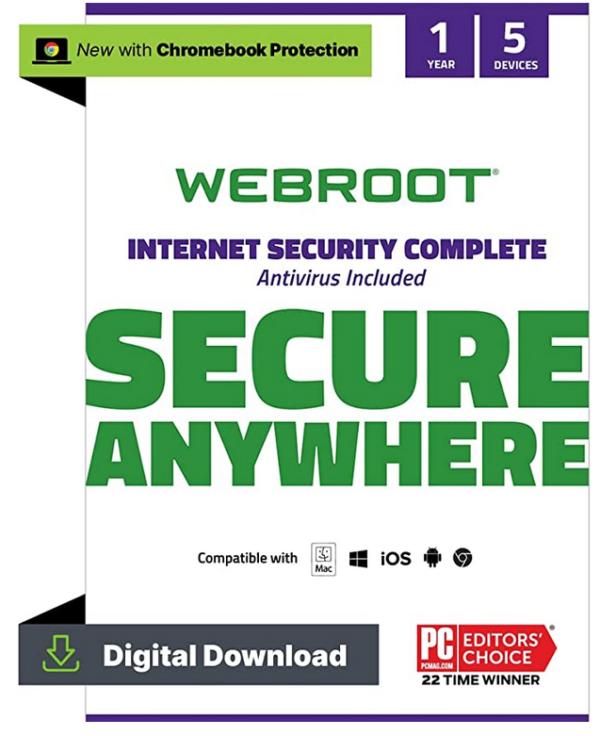 Webroot Internet Security Complete | Antivirus Software 2023 | 5 Device|1 Year Download for PC/Mac/Chromebook/Android/IOS + Password Manager, Performance Optimizer and Cloud Backup