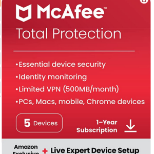 McAfee Total Protection 2023 + New Device Setup | Amazon Exclusive | 5 Device | Antivirus Internet Security Software | VPN, Password Manager, Dark Web Monitoring | 1 Year Subscription | Download Code