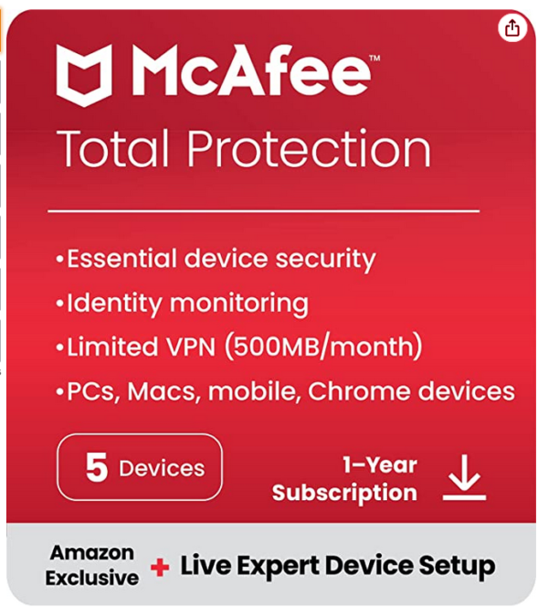 McAfee Total Protection 2023 + New Device Setup | Amazon Exclusive | 5 Device | Antivirus Internet Security Software | VPN, Password Manager, Dark Web Monitoring | 1 Year Subscription | Download Code